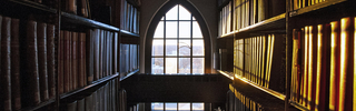 the setting sun spills through an arched window into a dark aisle, illuminating the library stacks