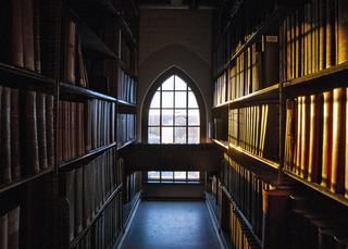 the setting sun spills through an arched window into a dark aisle, illuminating the library stacks